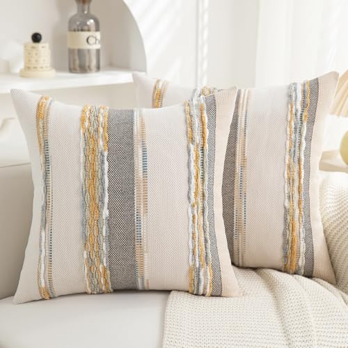 Boho Pillow Covers 18x18 Set of 2 for Couch-Modern Farmhouse Sofa Decorative Throw Pillow Covers Textured Chenille Cushion Covers Outdoor Netural Bohemian Pillow Cases Square - color: Orange-gray Stripe