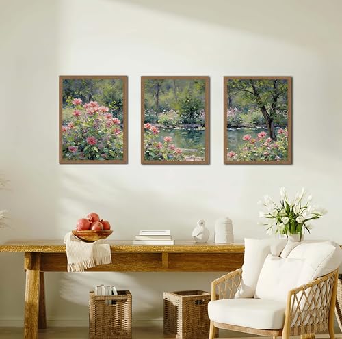 3pcsmonet Framed Wall Art,Retro Floral Gardencanvas Painting, Pink Flowers By Lake Painting, Nature Poster Wall Decor For Living Room Bedroom Office, Ready To Hang 12x16in - color: Trees and flower beds, size: 12x16in