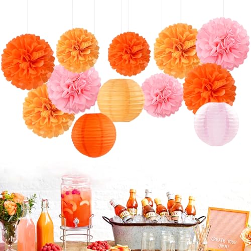 Pink-Orange Groovy Party-Decorations Paper-Flowers Lanterns - 15PCS Baby Shower Tissue Pom Poms Streamers, Fall Wedding Boho Birthday Bridal Bachelorette Sunset Hanging Supplies Decor Hugfond - color: Orange Pink