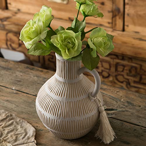 Mowtanco Rustic Ceramic Vase for Home Decor, Farmhouse Decorative Vases for Pampas Grass, Terracotta Vase with Tassel Design, Handle Flower Vase, Clay Vase for Living Room Decoration, 8 inch Tall - color: Gray - Round