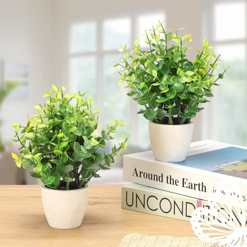 FAVOWREATH 2 Pack Fake Plants Ceramic Mini Artificial Greenery Potted Plants for Home Decor Office Decor Room Decor Farmhouse Decor Indoor Table Bathroom Decor - color: 2 White