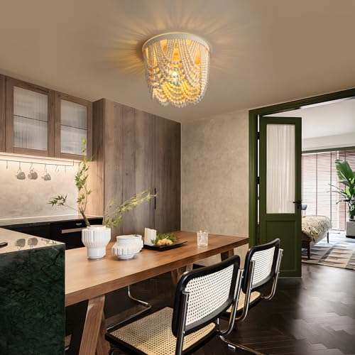 Bohemian Wood Beaded lamp 3-Light recessed Mounted Ceiling lamp Primary Color Antique Rustic mini Chandelier for Dining Room, Bedroom, Girl Room，Nursery, Hallway, Entrance, Passageway - color: Natural
