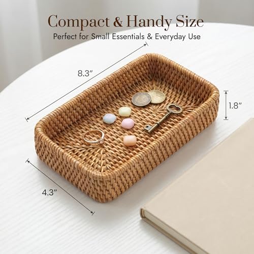 8.3" x 4.3" Small Natural Rattan Storage Tray, Decorative Handwoven Wicker Organizer Keys Tray Catchall, Shallow Rectangular Tray for Snack, Accessories Bathroom & Vanity, Entryway (XS) - color: Natural Xs (8.3" X 4.3")