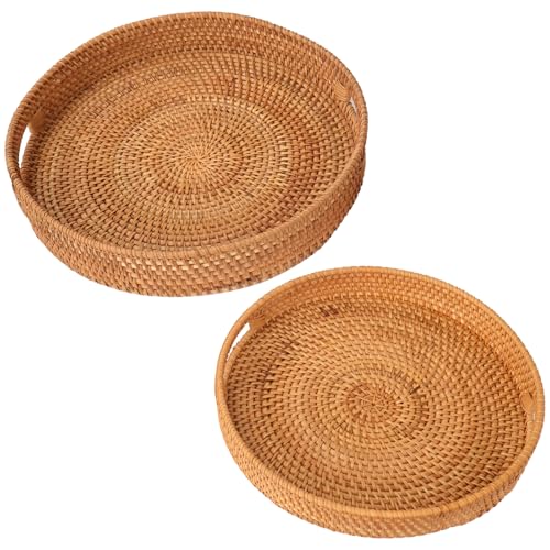 Round Rattan Serving Tray with Handles, Natural Wicker Decorative Tray for Serving, Fruit/Bread Serving Basket, Round Woven Tray，13.8inch+11.8inch, Gift Idea Choice (M+L) - size: 13.8"+11.8"