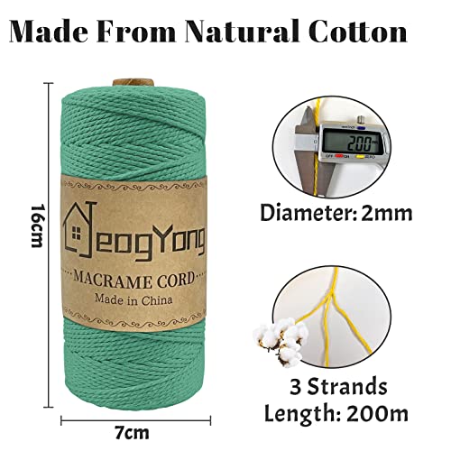 JeogYong Macrame Cord 2mm x 218 Yards, 3-Strand Twisted Natural Cotton Rope, Cotton String Coloured Craft Cord for Plant Hanger Wall Hanging Knitting Crafts, Emerald Color - color: Emerald