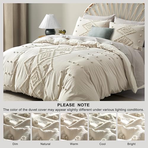 Oli Anderson Tufted Duvet Cover Queen Size, Soft and Lightweight Duvet Covers Set for All Seasons, 3 Pieces Boho Embroidery Shabby Chic Bedding Set (Beige, Queen, 90" x 90") - color: Beige, size: Full/Queen(90"×90")