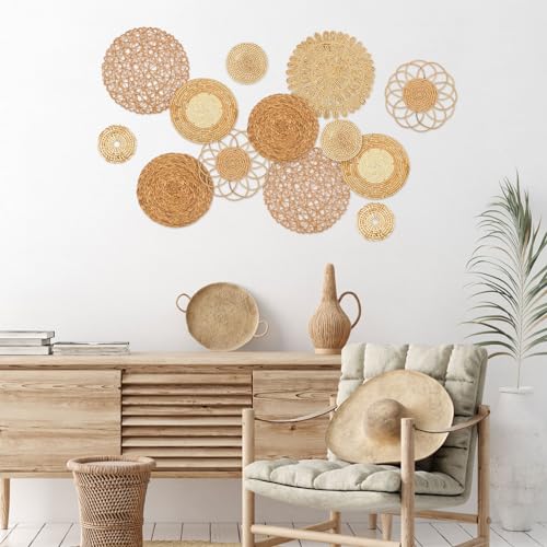 Glenmal Set of 13 Boho Wall Basket Decor Woven Rattan Flat Baskets Handmade Boho Wicker Bamboo Seagrass Wall Hanging Decor for Bedroom Living Room Dining Room Office Ready to Hang(Classic) - style: Classic