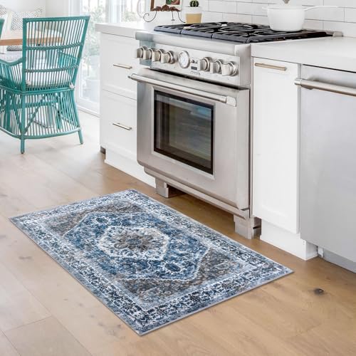 KOZYFLY Small Area Rug 2x3 Ft Rugs for Entryway Washable Boho Entry Rug Non Slip Door Mat Indoor Entrance Blue Printed Faux Wool Vintage Printed Kitchen Rug Throw Rugs for Entrance Kitchen Bathroom - color: Blue/Brown/White, size: 2' x 3' (Rectangular)