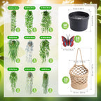 Giegxin 10 Set Fake Hanging Plant with Macrame Basket Summer Mini Artificial Macrame Plant Hanger with Woven Basket and Butterfly Ivy Faux Vines Eucalyptus Leaf for Indoor Home Wall Shelf Decor