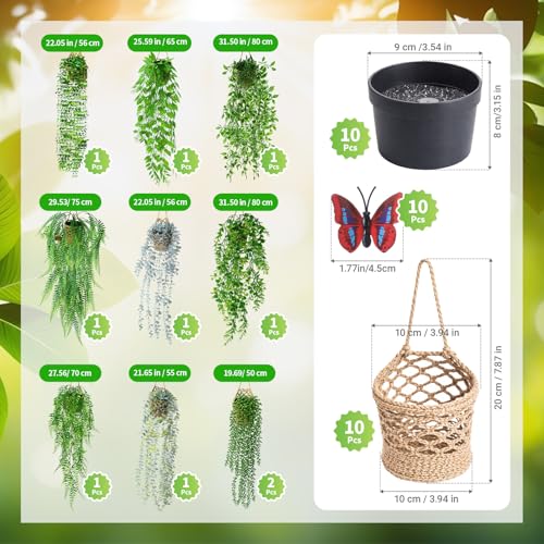 Giegxin 10 Set Fake Hanging Plant with Macrame Basket Summer Mini Artificial Macrame Plant Hanger with Woven Basket and Butterfly Ivy Faux Vines Eucalyptus Leaf for Indoor Home Wall Shelf Decor
