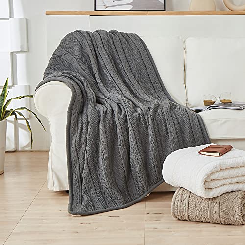 Longhui bedding Acrylic Cable Knit Sherpa Throw Blanket - Thick, Soft, Big, Cozy Grey Knitted Fleece Blankets for Couch, Sofa, Bed - Large 50 x 63 Inches Gray Coverlet All Season - color: Grey, size: 50" x 63", Standard