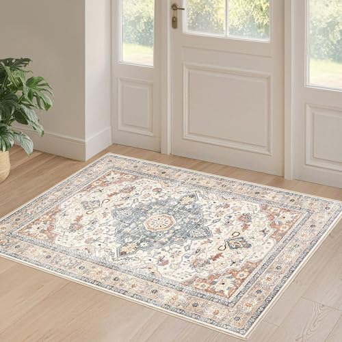 2x3 Rug Small Area Rugs: Washable Boho Neutral Vintage Soft Indoor Floor Oriental Carpet Farmhouse Distressed Low Pile Non Slip Throw Carpet for Kitchen Entryway Bedroom Nursery Entry- Beige Blue - color: Beige Blue, size: 2' x 3' (Rectangular)