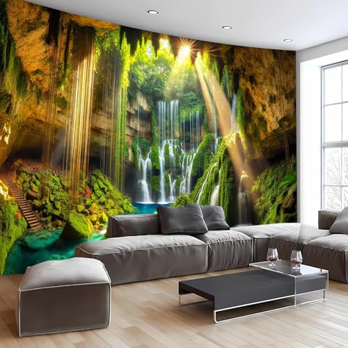 FENDROM Waterfall Tapestry Tropical Forest Mountain Sunset Cave Stone Wall Hanging Scenic Rainforest Landscape Nature Sunrise Headboard for Bedroom Living Room Home Decor - color: Cave, size: 59"L x 51"W