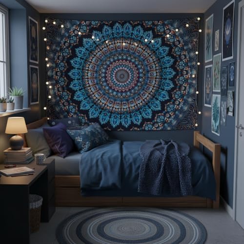 Motanber Blue Mandala Tapestry Wall Hanging Vintage Medallion Tapestry Aesthetic Hippie Boho Floral Cool Cute Large Tapestries for Bedroom Living Room Dorm Wall Decor 80 x 60 Inch - color: Navy Blue, size: 80"L x 60"W
