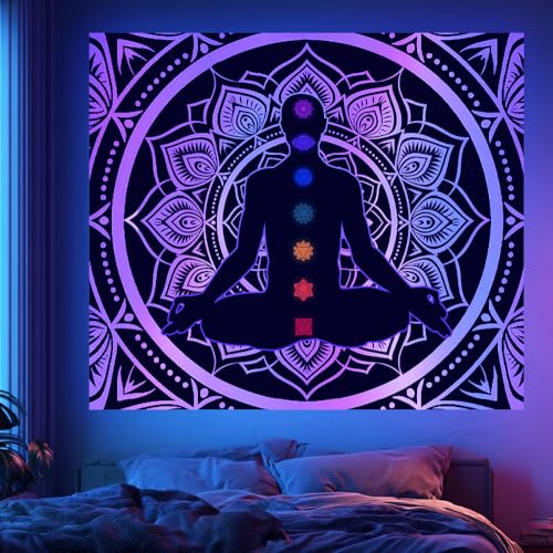 CRAFTYMELODY Meditator Blacklight Tapestry Glow in the Dark Tapestry UV Reactive Mandalas Wall Hanging 59×51 Inch with Hook Self Adhesive Sticker Clip for Bedroom Home Wall Decoration - color: Meditator
