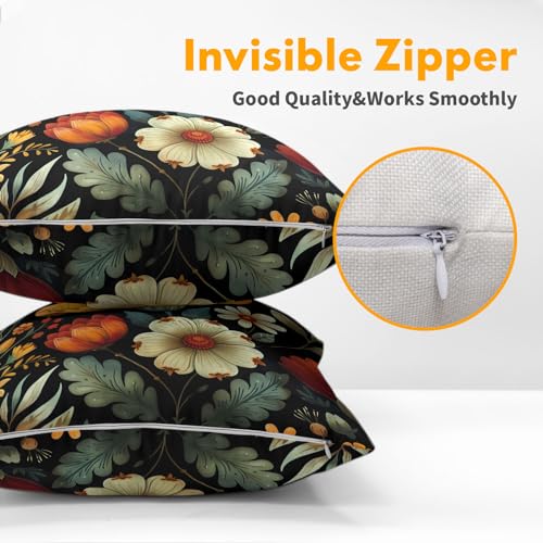 Vintage Boho Floral Pillow Covers 16x16 Inches Yellow Beige Black Throw Pillow Case Set of 2 Spring Flower Pillow Cover Cotton Linen Cushion Cover for Home Couch Sofa Bedroom Livingroom - color: Vintage Boho Floral240413, size: 16" x 16" (Pack of 2)