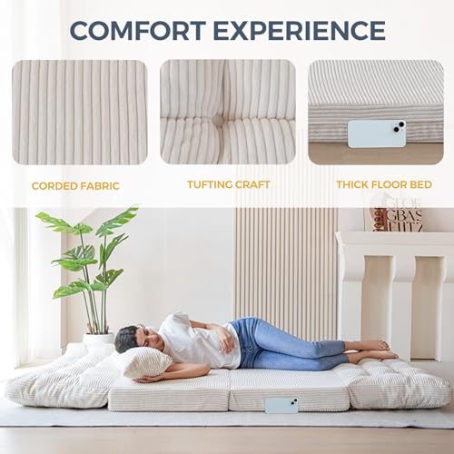 MAXYOYO Folding Sofa Bed, Tufted Bean Bag Bed with Pillows Floor Couch for Adults, Extra Thick and Long Floor Sofa, Twin Floor Couch Bed for Bedroom Living Room, Beige, 39x91 Inch - color: Beige, size: Tufted Twin