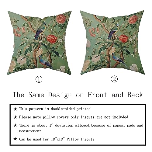 Green Chinoiserie Pillow Cover 20x20 Inch Vintage Bird Flower Throw Pillow Covers Farmhouse Floral Decorative Pillowcase Outdoor Cotton Square Cushion Cover for Couch Sofa Bedroom Decor (Pack of 2) - color: Field Green, size: 20" x 20" (Pack of 2)