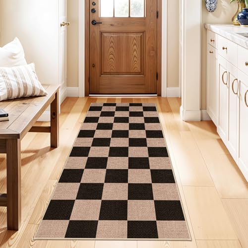 Easy Jute 2x5 Runner Rug: Non Slip Checkered Low Pile Indoor Doormat - Machine Washable for Entryway Kitchen Bathroom - Carpet for Dorms Small Spaces Ideal for Young Families First Home (Black,2x5) - color: Black, size: 2' x 5' (Rectangular)