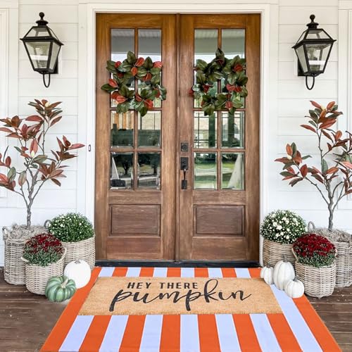 CAINANEL Fall Outdoor Rug Orange and White Striepd Rug 3' x 5' Front Door Mat Halloween Thanksgiving Fall Autumn Home Decor, Layerd Welcome Doormat for Front Porch Decor, Front Door, Farmhouse Decor - color: Orange and White, size: 3' x 5' (Rectangular)