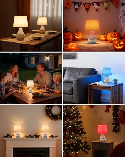 13" H Small Rechargeable Cordless Ceramic Table Lamp with Remote – RGB, Warm White Light, Timer, Dimmer – Battery Operated Lamp with Linen Shade for Patio, Bedroom, Living Room, Dining Table - size: Small-13"H