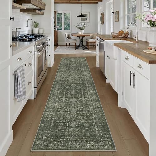 2x10 Hallway Washable Runner Rug Vintage Green Boho Extra Long Runners for Kitchen, Bathroom, Distressed Floral Floor Mat Non-Slip Farmhouse Carpet - color: Dark Green, size: 2' x10' (Runner)