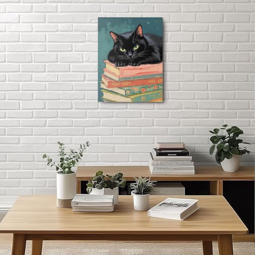 Funny Cat Lying on Books Canvas Wall Art, Cat Aesthetic Framed Art Paintings Wall Decor Cats Lover Prints Picture for Living Room Dining Room Bedroom Farmhouse Decor 11.5x15 Inch - color: Multi 1393
