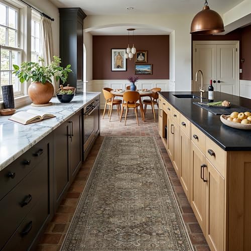Bavni Washable Runner Rug 2’6”x12’, Non Slip Long Hallway Runner, Vintage Aesthetic Ultra Thin Low Pile Washable Carpet for Kitchen Bedroom, Brown - color: Brown, size: 2'6" x 12' (Rectangular)