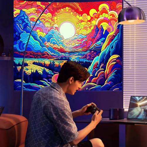 Apdidl Blacklight Posters Sun Mountain Tapestry for Bedroom Aesthetic, Black Light UV Reactive Posters Nature Sunrise Forest Wall Tapestries, Colorful Starry Night Sky Wall Hanging for Living Room 51"x60" - color: Mountain Blacklight Tapestry, size: 60"L