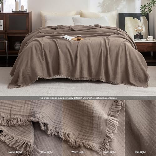 FOSSA Muslin Blanket with Fringe - 4-Layer 100% Cotton Gauze Super Soft & Breathable Throw -Lightweight Decorative Cooling Blanket for Bed, Sofa, Office (Pale Brown, Throw XL (50" × 70")) - color: Pale Brown, size: Throw XL (50" × 70")