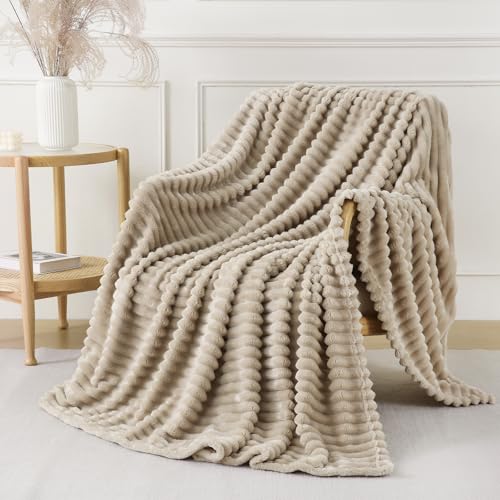 Khaki Throw Blanket for Couch Sofa 90x90 inches Striped Fleece Blankets Room Home Decor Lightweight Plush Soft Cozy Gifts for Women Mom Girls - color: Khaki, size: Queen(90"x90")