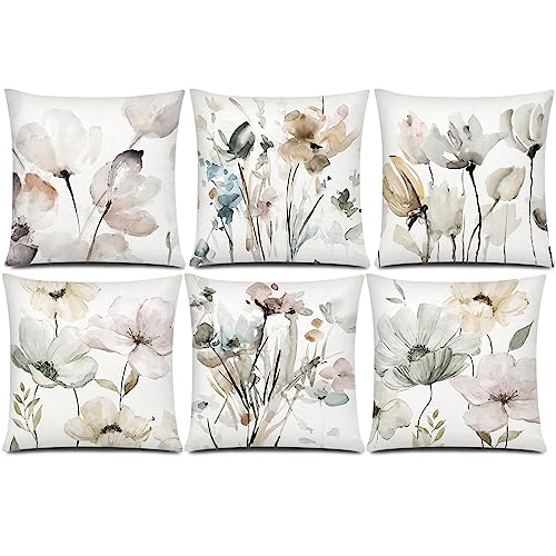 COMMINY Brown White Grey Pillow Covers 16x16 Set of 6, Watercolor Flower Throw Pillow Cover for Couch, Modern Floral Cushion Cover for Sofa Bedroom Living Room Farmhouse Home Decor - color: Modern Flower, size: 16" x 16" (Pack of 6)