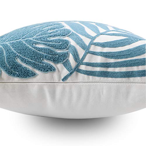 Embroidery Throw Pillow Cover 18x18 Light Blue Tropical Leaf Home Décor Turquoise Cushion Cover for Couch 45x45 100% Cotton Floor Pillowcase Teal Plant Monstera Leaf Loop, 1 Piece - color: Light Blue Monstera Leaves