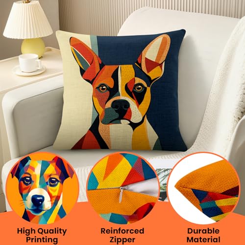 BVBOX Set of 4 Linen Throw Pillow Covers 18"x18", Soft Flax Dog Puppy Geometric Abstract Pop Art Decorative Pillow Cases, Double-Sided Modern Pillow Covers for Bed, Sofa, Couch, Living Room, Bedroom - color: Puppy