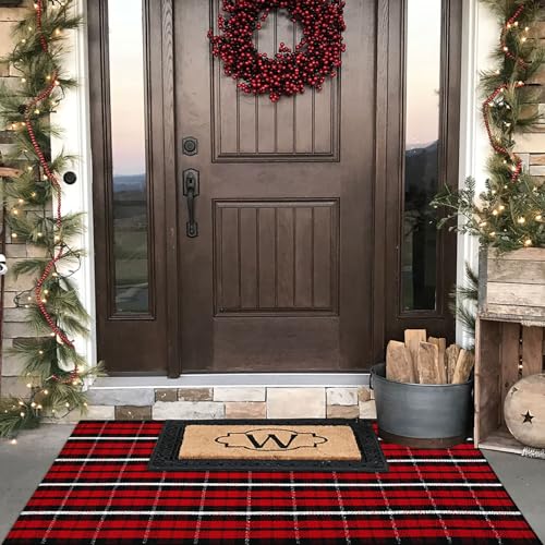 Buffalo Plaid Outdoor Rug, 3' x 5' Christmas Red & Black Check Indoor/Outdoor Area Rug, Layering Rug for Hello/Welcome Door Mat, Machine Washable Cotton Woven Farmhouse Mat for Front Porch Décor - color: Christmas Plaid, size: 3' x 5' (Rectangular)