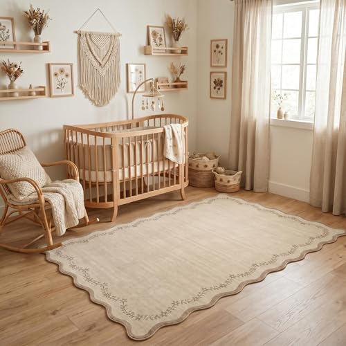 GarveeHome 4x6 Jute Scalloped Washable Area Rug for Nursery Room, Solid Floral Soft Nursery Rug Non Slip Low Pile Small Carpet Stain Resistant Throw Rug for Dorm Kids Room Office Dining Room - color: Jute, size: 4' x 6' (Rectangular)