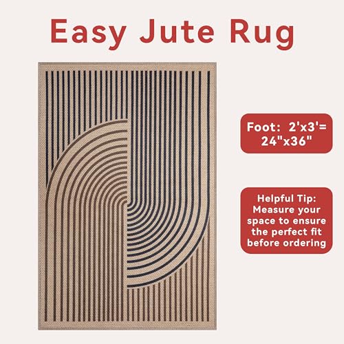 Tangsoo Rainbow Easy Jute Rug,2x3 Washable Small Area Rug for Entryway Non-Slip Ultra Thin Brown Black Outdoor Mat Modern Farmhouse Carpet for Entrance Kitchen Bedroom Front Porch Patio - color: Black/Brown, size: 2x3ft