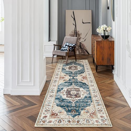 HOMORE Vintage Runner Rug-2x6 Hallway Runner Rugs for Kitchen Entryway Non Slip Washable Bedroom Rug Faux Wool Floor Carpet Runners for Indoor Front Entrance Laundry, Blue/Brown - color: Blue/Brown, size: 2' x 6' (Rectangular)