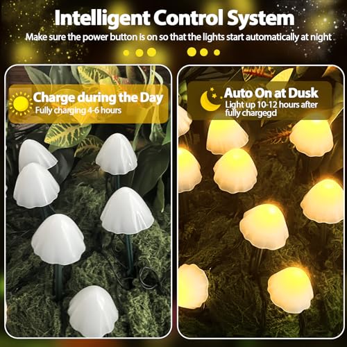 OZS 2PK 32LED 55FT Mushroom Solar Garden Lights Outdoor, Solar String Lights Waterproof with 8 Lighting Modes, Solar Garden Decor for Outside, Pathway Light for Yard Decoration (Warm White) - color: Mushroom-Warm White