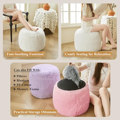 XeGe Fluffy Faux Fur Inflatable Pouf Ottoman, Soft Portable Shaggy Fuzzy Foot Stool Ivory, Plush Furry Foot Rest Floor Pouf Anti-Slip, Round Ottoman Cushion Living Room Bedroom Patio Dorm, Beige - color: Beige, size: 20"x20"x16"