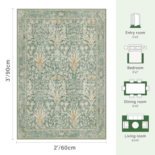 Vintage Floral Entryway Rug 2X3 Rugs,Soft Non-Slip Machine Doormat for Entrance,Stain Resistant Small Area Rug for Bedroom, Kitchen, Laundry, Bathroom - color: Green, size: 2' x 3' (Rectangular)