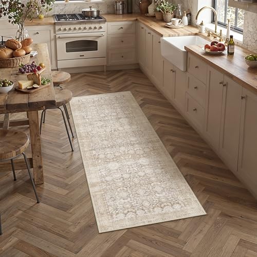 2x5 Beige Washable Neutral Runner Rug for Living Room Floral Non Slip Low Pile Runner Indoor Vintage Traditional Stain Resistant Distressed Carpet Kitchen Bedroom Dining Room Hallway Bathroom - color: Accent | Beige, size: 2'x5'