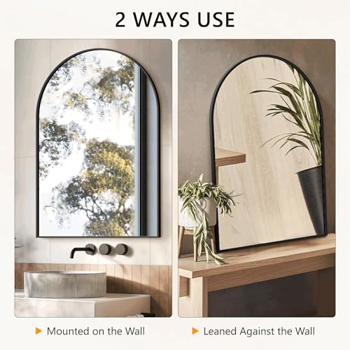 Arched Bathroom Mirror for Wall, 38" x 26" Black Metal Frame Vanity Mirror, HD Glass Over Sink for Bathroom, Entryway, Bedroom - color: Matte Black, size: 38"L x 26"W