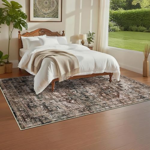 GarveeHome Vintage Area Rug 4x6 Washable Rugs for Living Room Non Slip Floral Distressed Rug Stain Resistant Carpet Farmhouse Rugs for Bedroom Entryway Dining Room Brown - color: Brown, size: 4' x 6' (Rectangular)