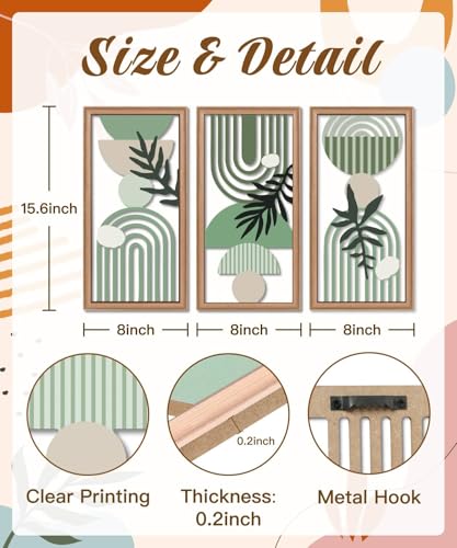 Putuo Decor Boho Wall Art Set of 3, Green Botanical Wooden Wall Decor, Abstract Aesthetic Room Decorations, Mid-Century Modern Artwork for Living Room, Bedroom, Office Green 16.5 x 8.6 inch - color: Green