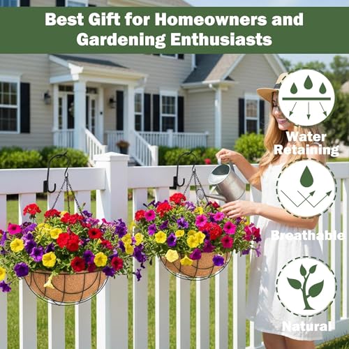4 Pack 14 Inch Hanging Baskets for Plants Outdoor Metal Hanging Planter Basket with Coco Coir Liner Hanging Flower Baskets Hanging Flower Pots Holder for Garden, Patio(Earth) - size: 14 Inch, style: Country Rustic