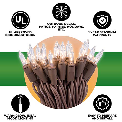 612 Vermont 50 Clear Mini Christmas String Lights on Brown Wire Cord, UL Approved for Indoor/Outdoor Use, 9 Foot of Lighted Length, 11 Foot of Total Length - size: 50 Light