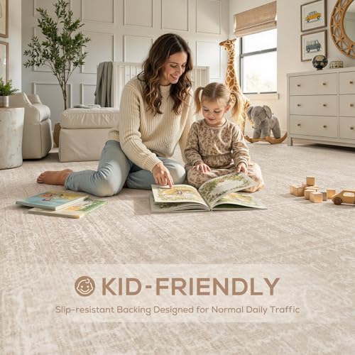 Nakagishi 4x6 Area Rugs Living Room: Washable Large Vintage Rug Neutral Non-Slip Soft Stain Resistant Indoor Carpet for Bedroom Nursery Dining Room Office Playroom - Beige - color: Beige, size: 4' x 6' (Rectangular)
