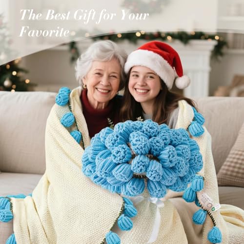 Flower Bouquet Blanket, Birthday Gifts for Mom Women Grandkids Teacher Wife Girlfriend Her, Crochet Flower Blanket, Soft Knitted Throw Blankets for Housewarming Gifts (Blue Roses) - color: D-blue Roses