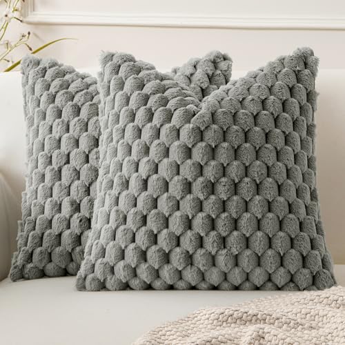MIULEE Grey Faux Fur Decorative Throw Pillow Covers 18x18 Inch Set of 2 Super Soft Cozy Plush Cushion Cases Luxury Fluffy Pillowcases for Sofa Couch Bed Living Room - color: Grey, size: 18" x 18" (Pack of 2)